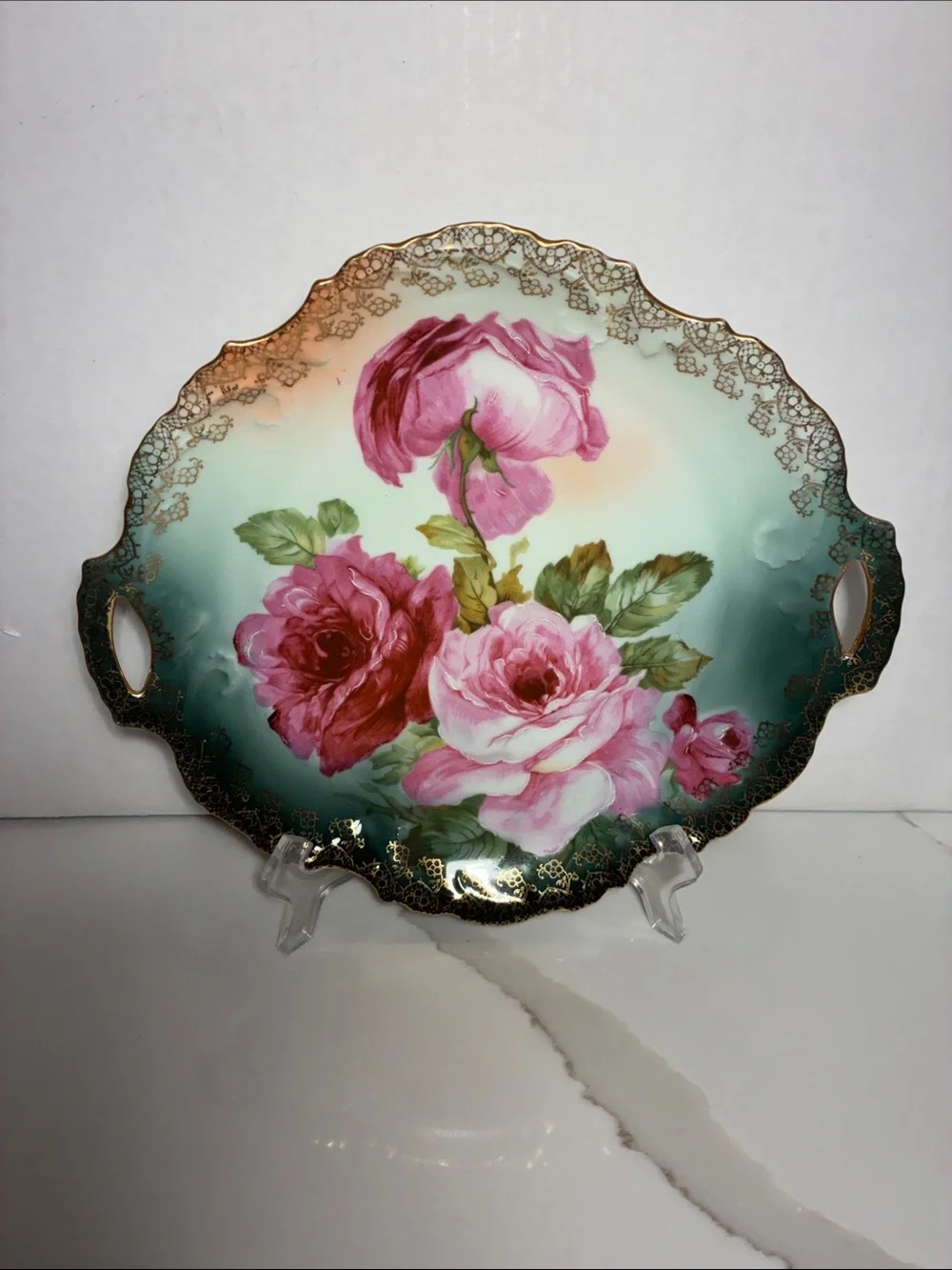 Bavarian Hand-Painted Floral Porcelain Tray & pitcher - Pink Cabbage Roses